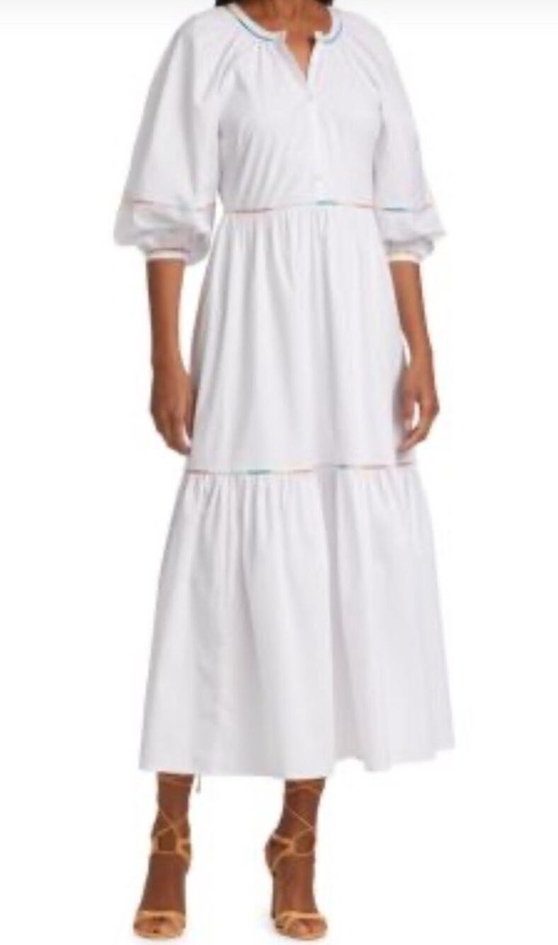 Staud Demi White Tiered Puff Sleeve Color Trim Cottagecore Boho Midi Dress XS